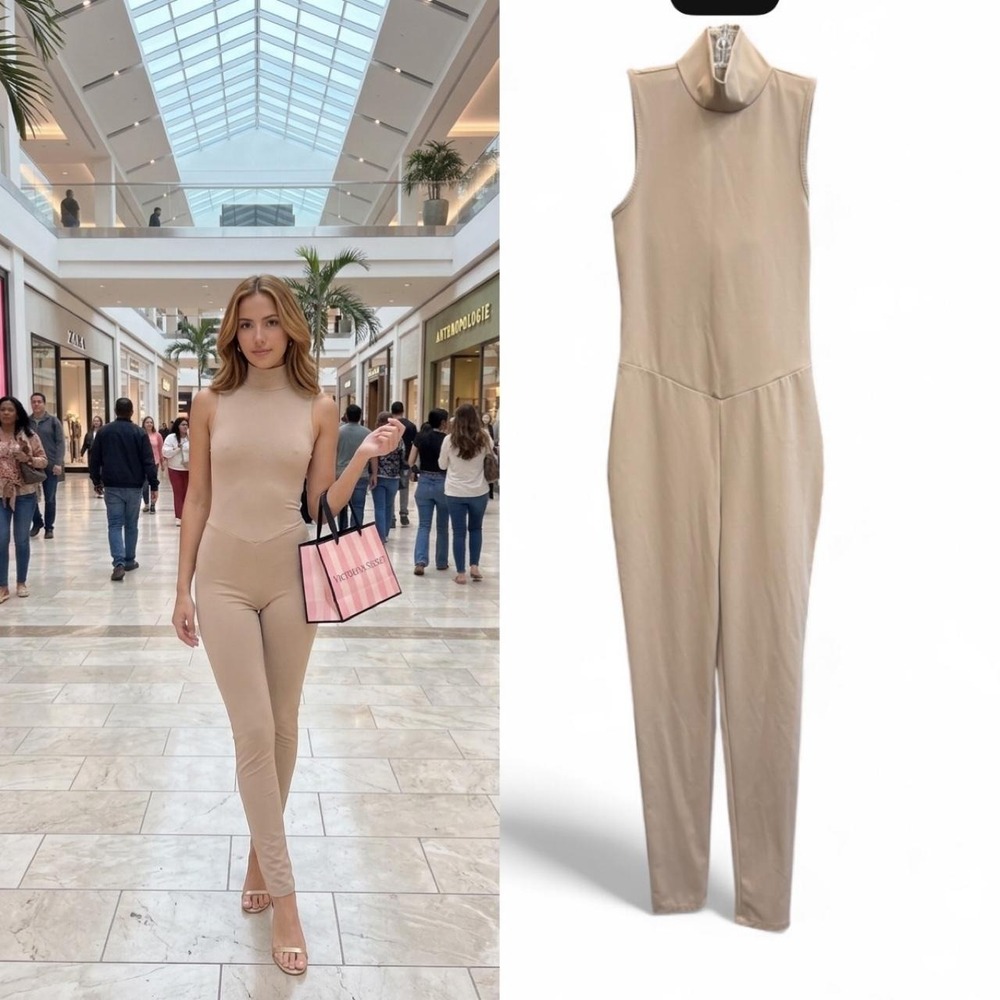 Forever 21 Sleek Mock Neck Sleeveless Jumpsuit - Nude/Tan, Size S